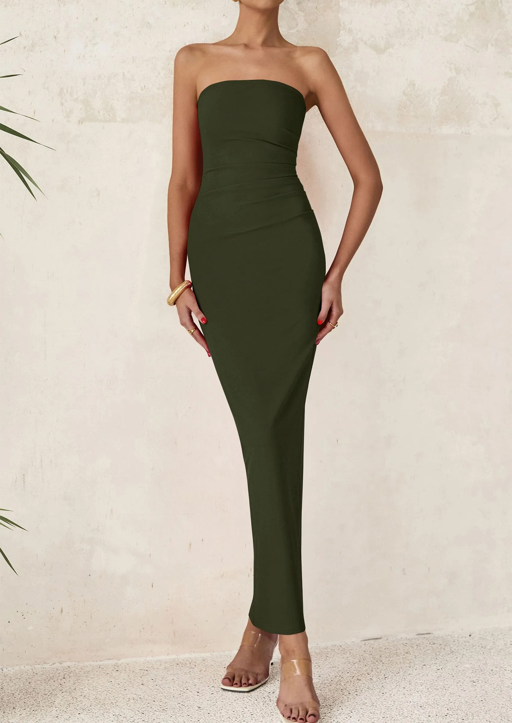 Strapless Tube Bodycon Ruched Slit Maxi Dresses