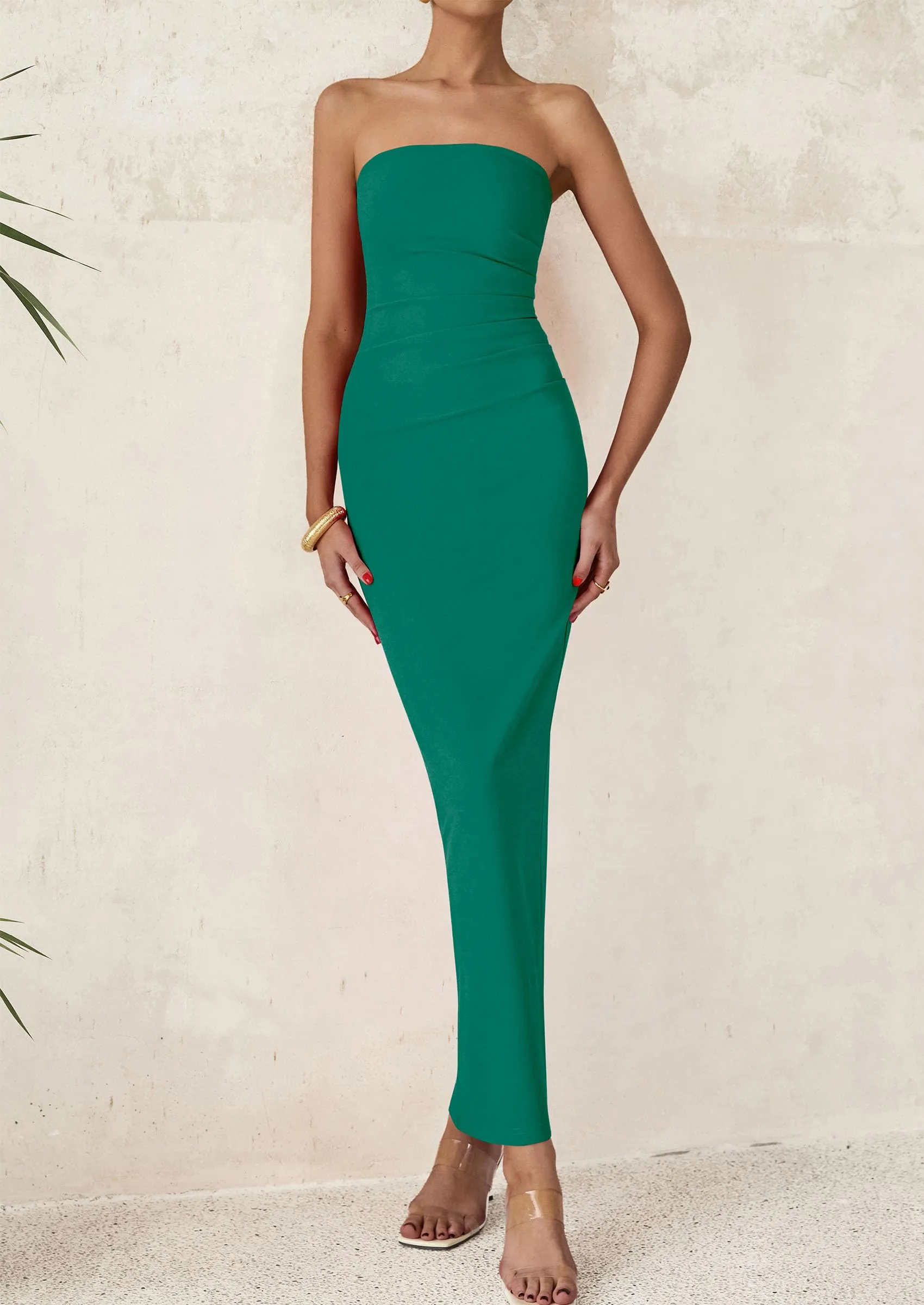 Strapless Tube Bodycon Ruched Slit Maxi Dresses