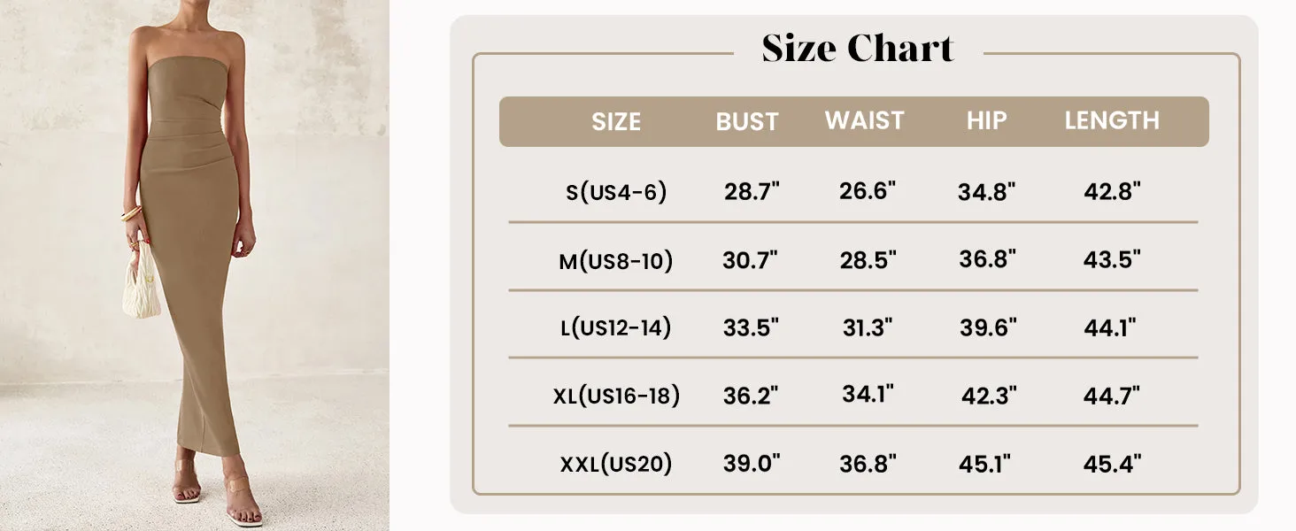 Strapless Tube Bodycon Ruched Slit Maxi Dresses