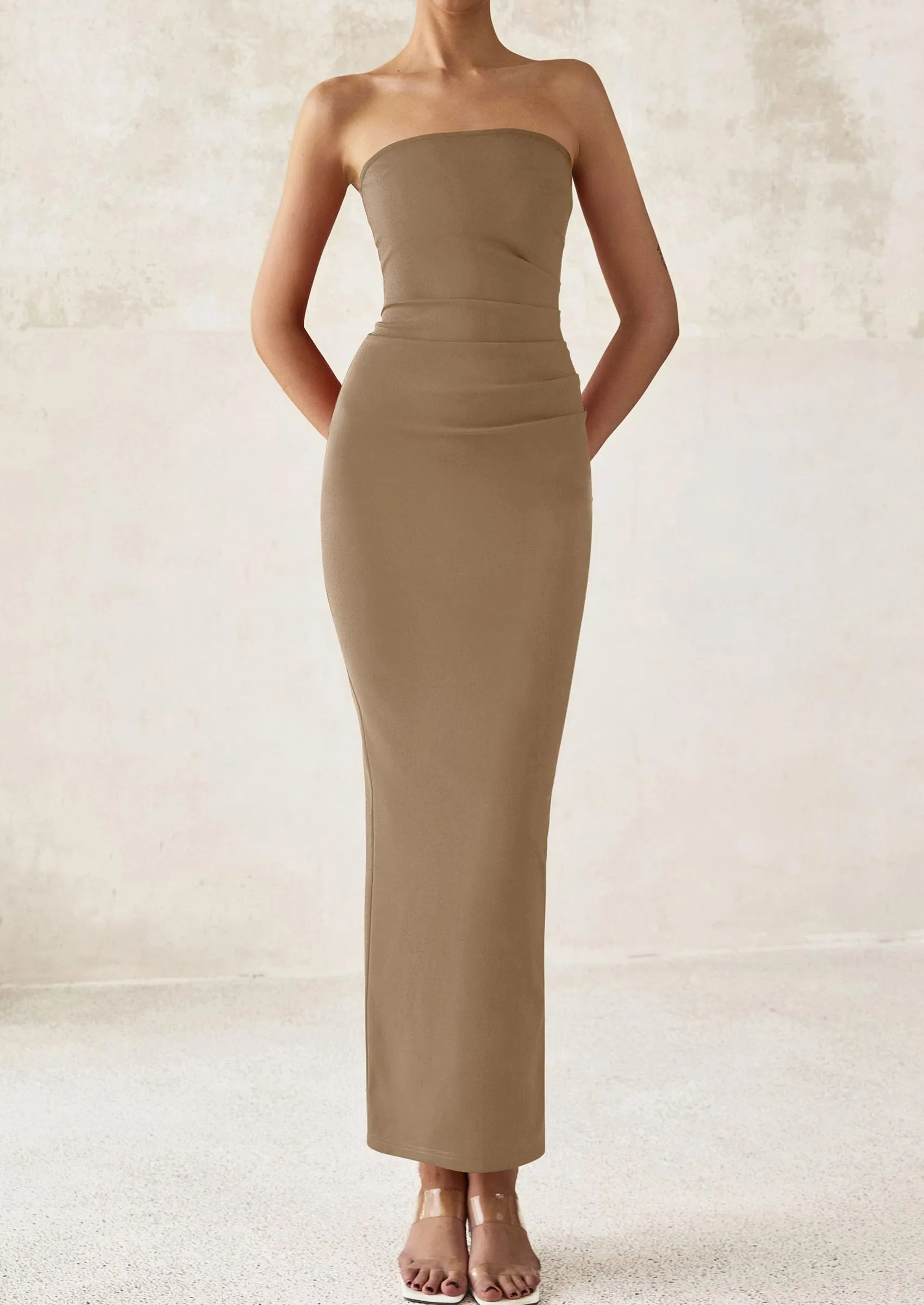 Strapless Tube Bodycon Ruched Slit Maxi Dresses