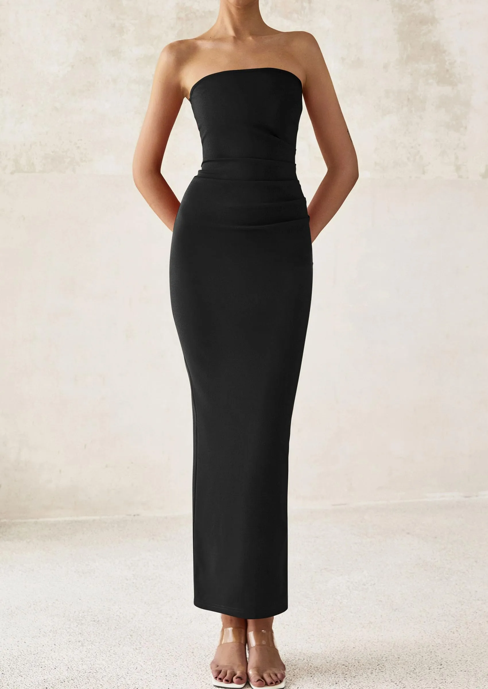 Strapless Tube Bodycon Ruched Slit Maxi Dresses