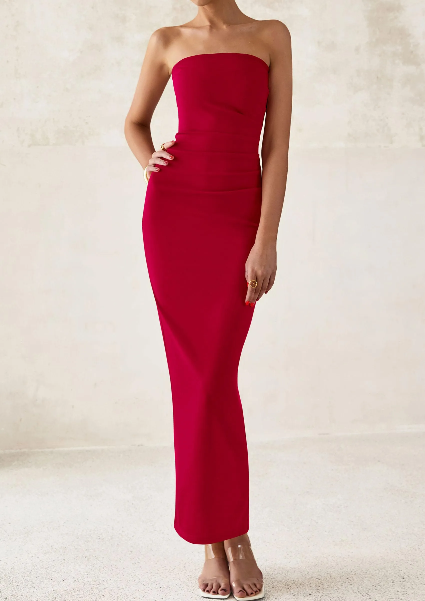 Strapless Tube Bodycon Ruched Slit Maxi Dresses