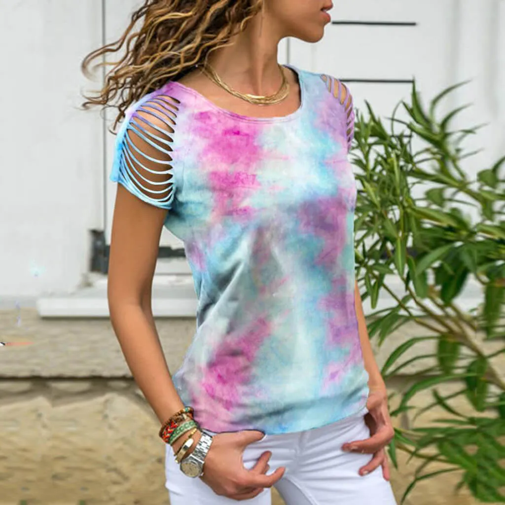 Summer Tie Dye Short Sleeve Cutout Loose T-shirts