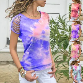 Summer Tie Dye Short Sleeve Cutout Loose T-shirts