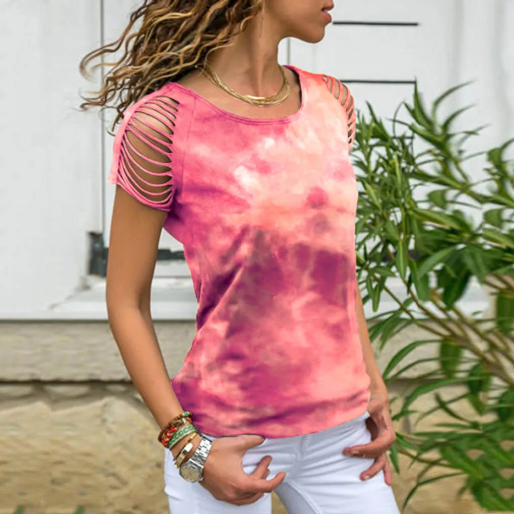 Summer Tie Dye Short Sleeve Cutout Loose T-shirts