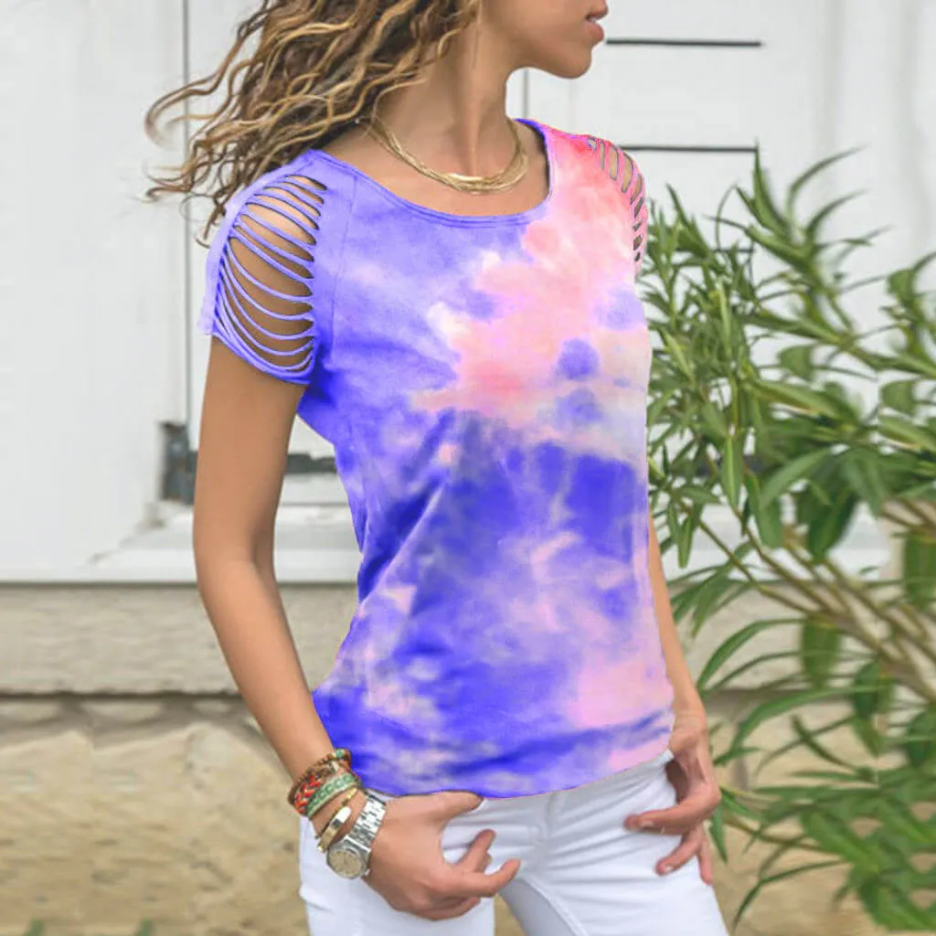 Summer Tie Dye Short Sleeve Cutout Loose T-shirts