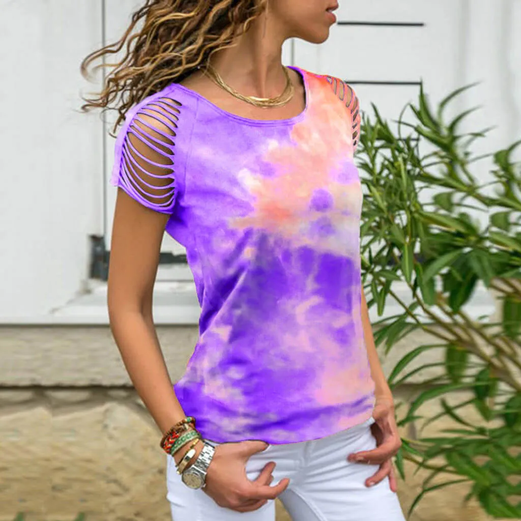 Summer Tie Dye Short Sleeve Cutout Loose T-shirts