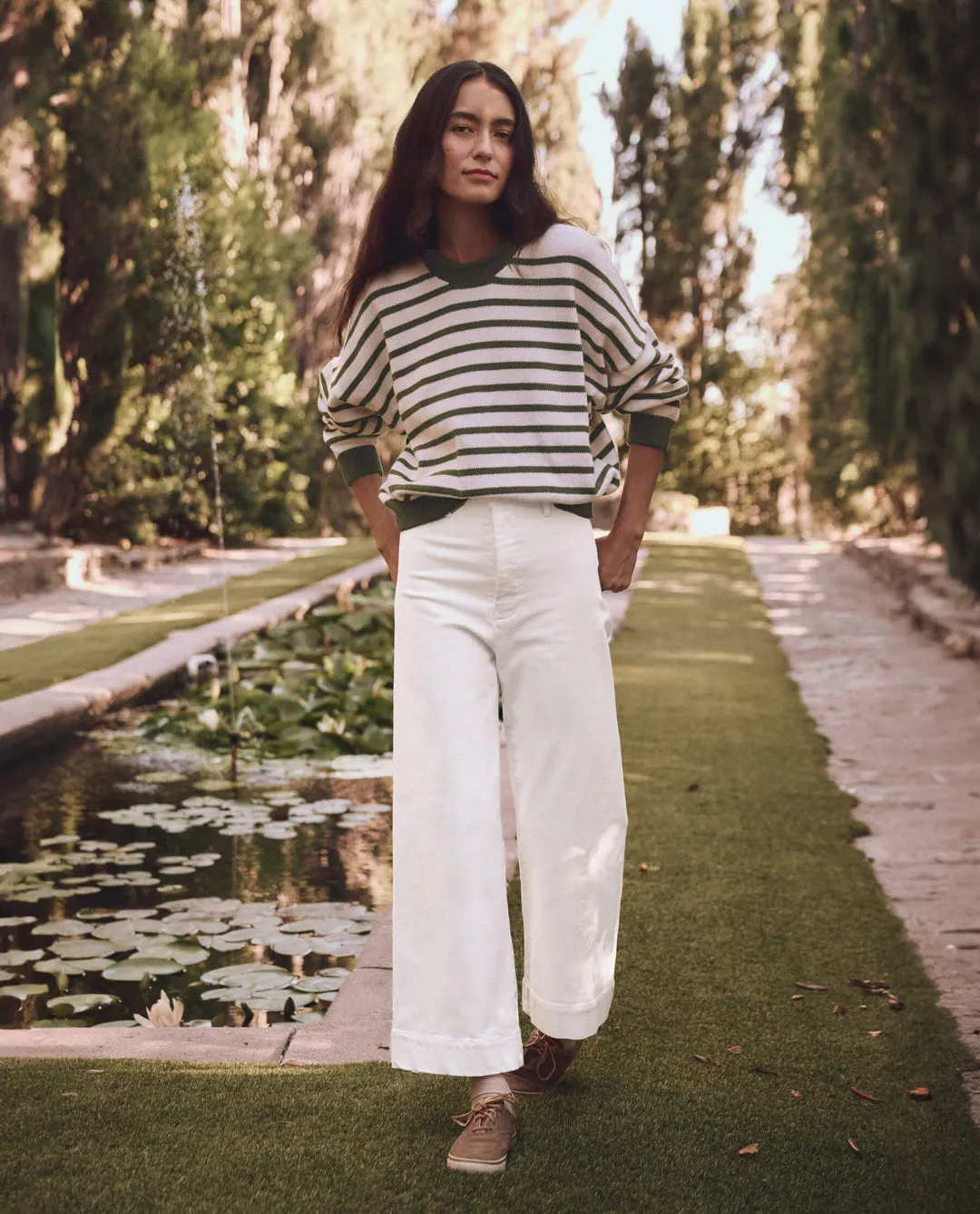 The Great Rollneck Pullover in Olive and Cream Stripe