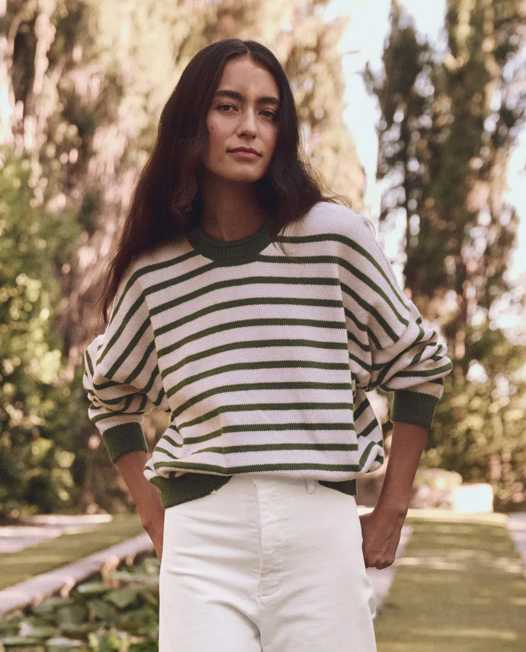 The Great Rollneck Pullover in Olive and Cream Stripe