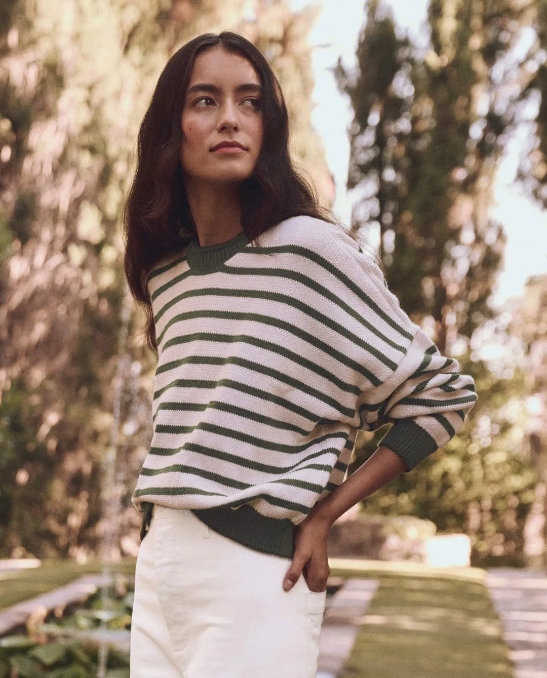 The Great Rollneck Pullover in Olive and Cream Stripe