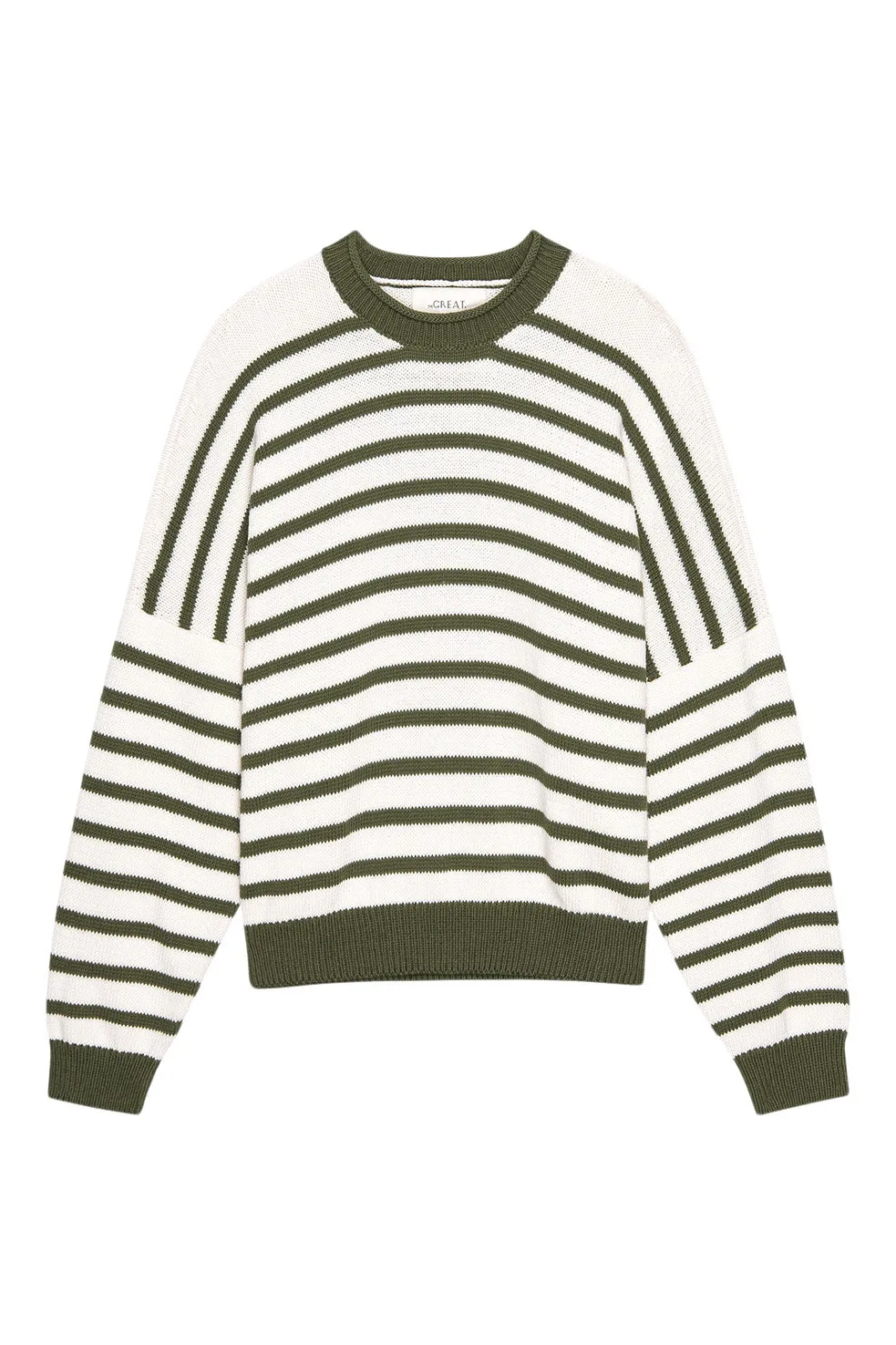 The Great Rollneck Pullover in Olive and Cream Stripe