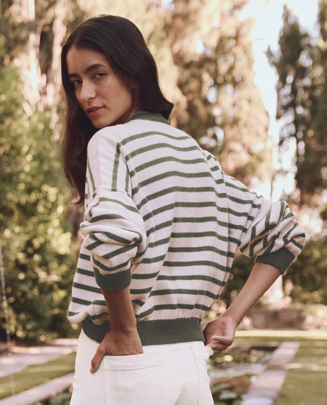 The Great Rollneck Pullover in Olive and Cream Stripe