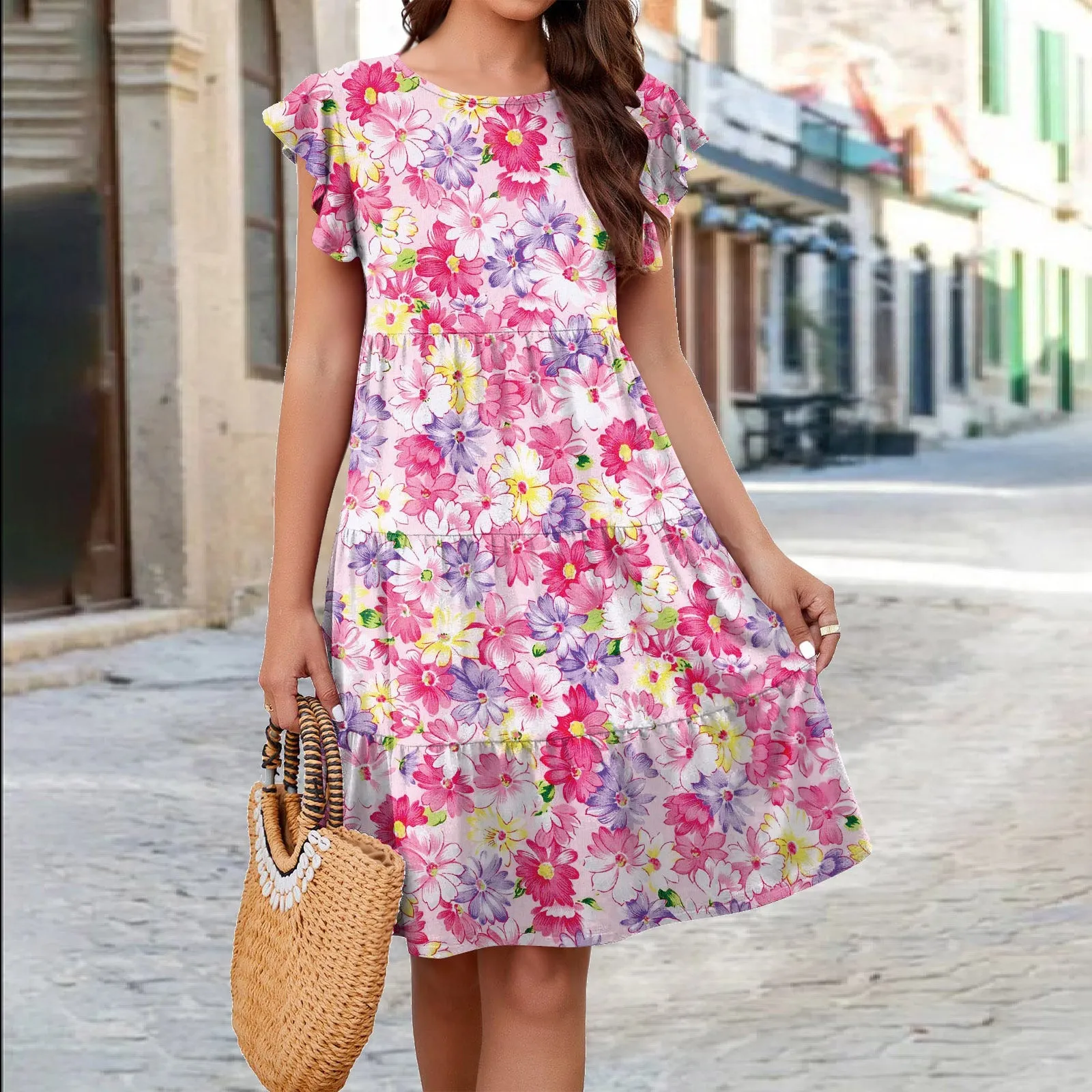 Trendy Knit Floral Cake Flutter Sleeves Dress