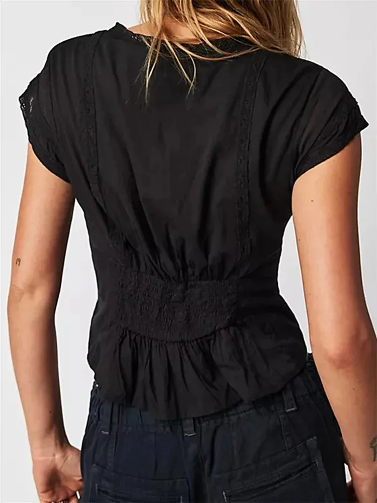 V Neck Low Cut Sleeveless Retro Solid Summer Slim Fit Lace Patchwork Button Down Cami Top