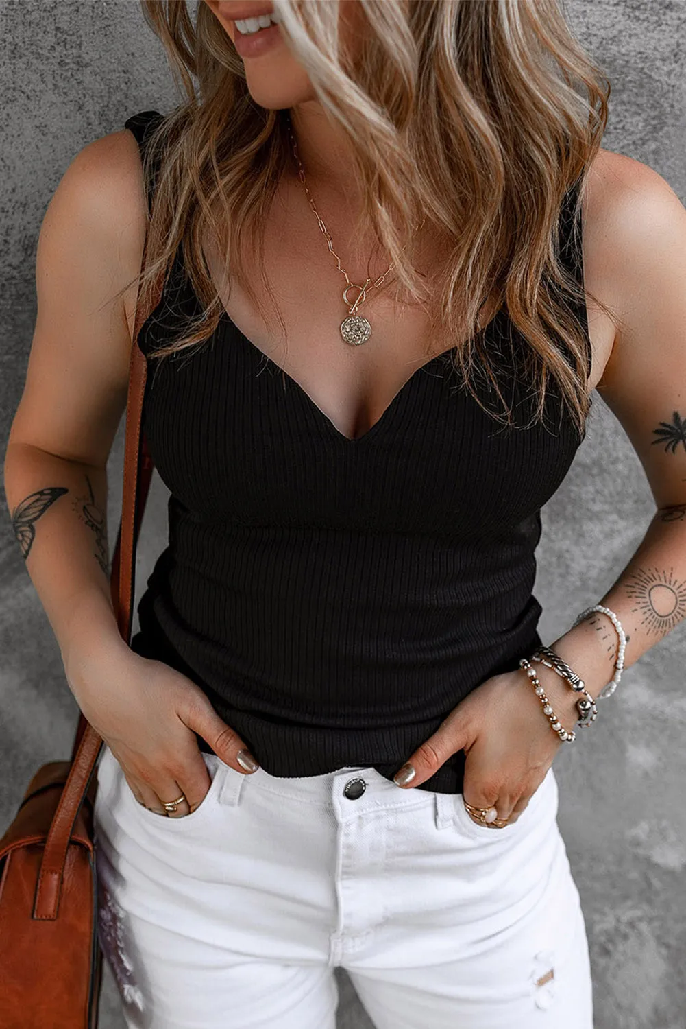 V Neck Ribbed Knit Top