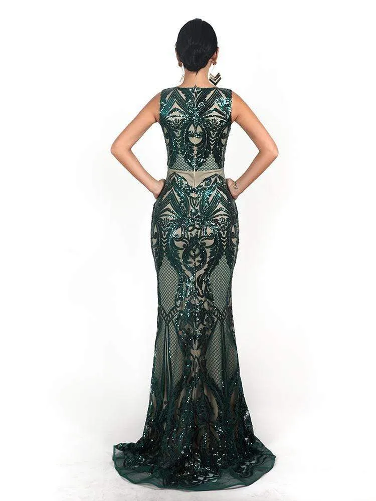 Vintage Green Sequin Maxi Prom Dress