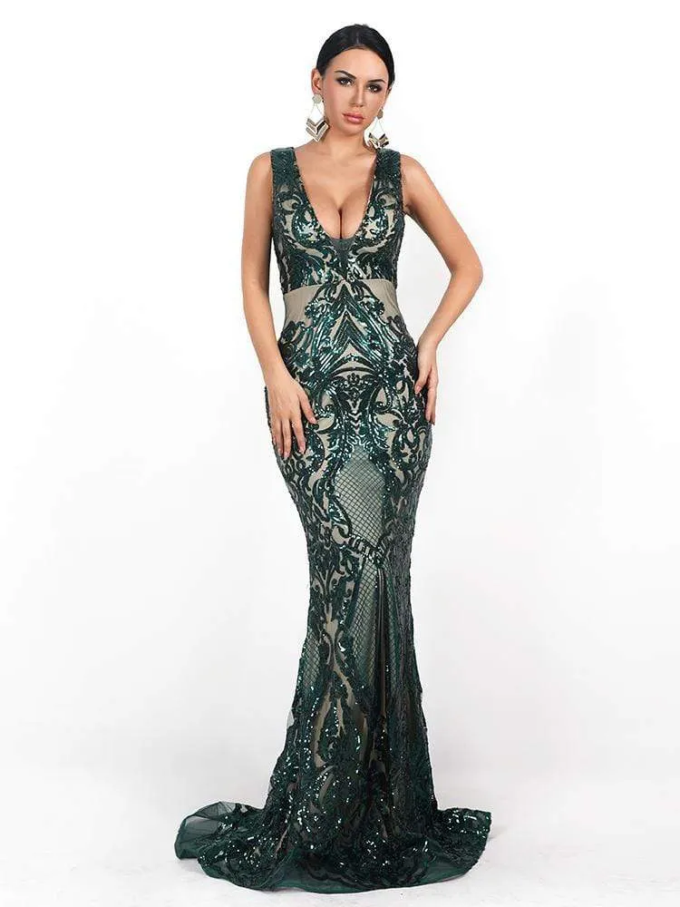 Vintage Green Sequin Maxi Prom Dress