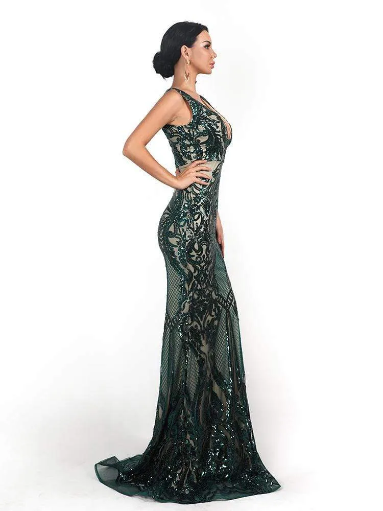 Vintage Green Sequin Maxi Prom Dress