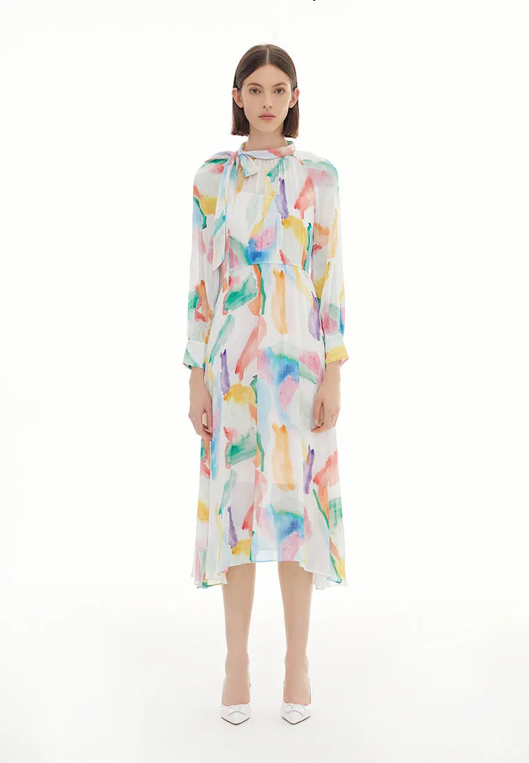 Watercolor Stroke Pussy Bow Collar Dress