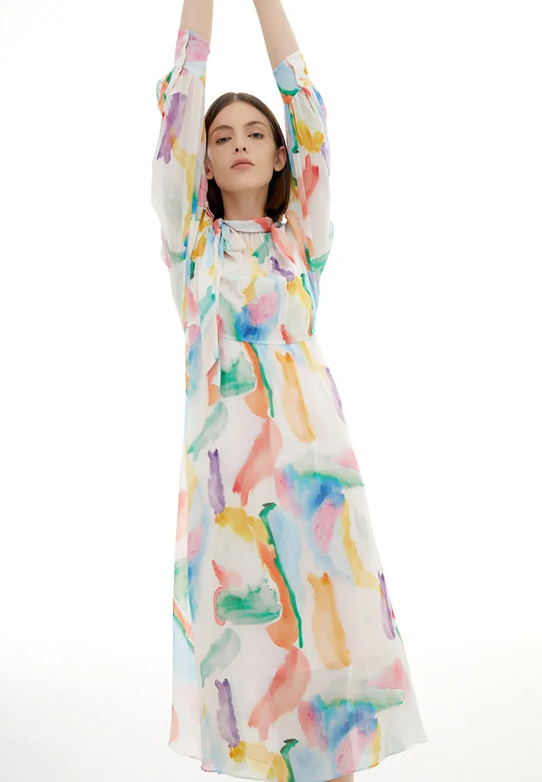 Watercolor Stroke Pussy Bow Collar Dress