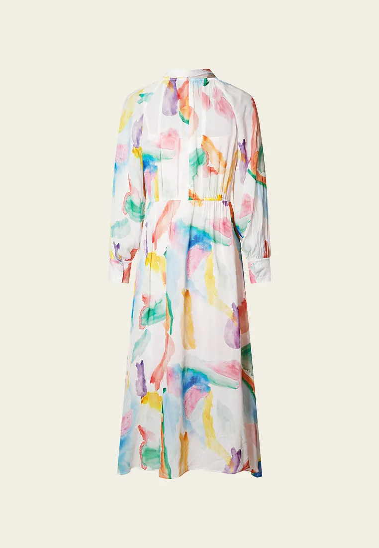 Watercolor Stroke Pussy Bow Collar Dress