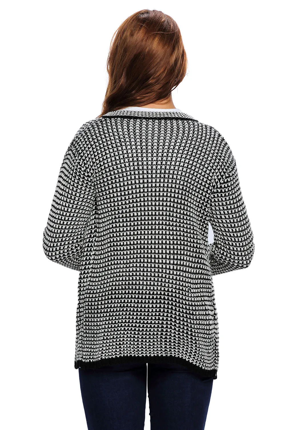 Women Casual Collarless Long Sleeve Black Knitted Cardigan