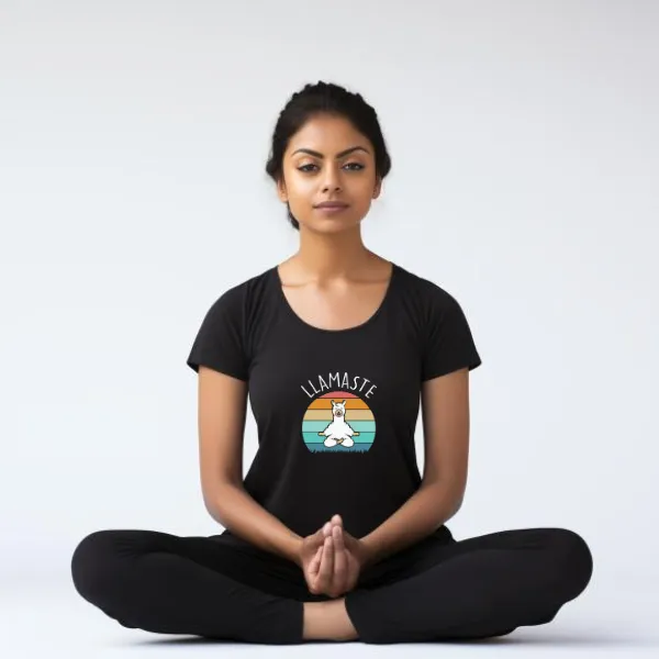Women Round Neck Half Sleeves Classic T-Shirt - Lama Yoga Pose Meditation