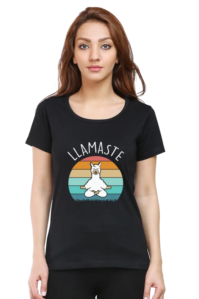 Women Round Neck Half Sleeves Classic T-Shirt - Lama Yoga Pose Meditation