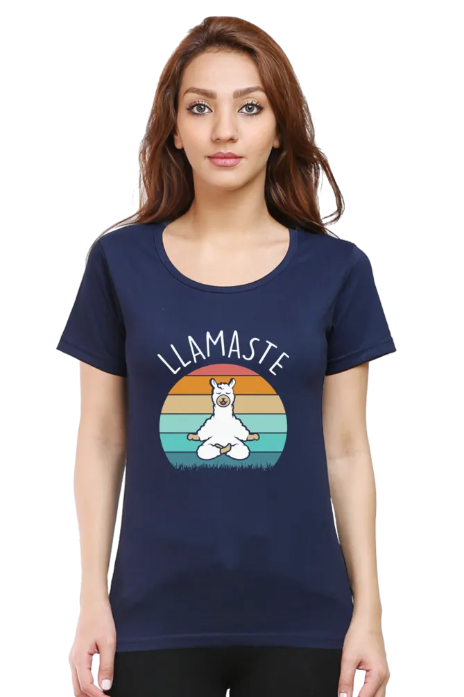 Women Round Neck Half Sleeves Classic T-Shirt - Lama Yoga Pose Meditation