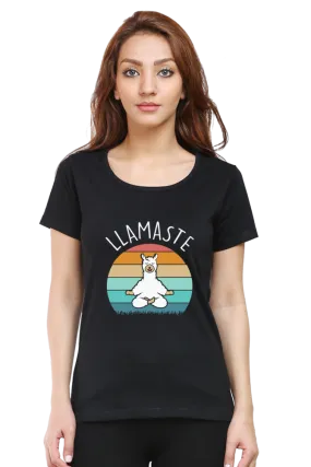 Women Round Neck Half Sleeves Classic T-Shirt - Lama Yoga Pose Meditation