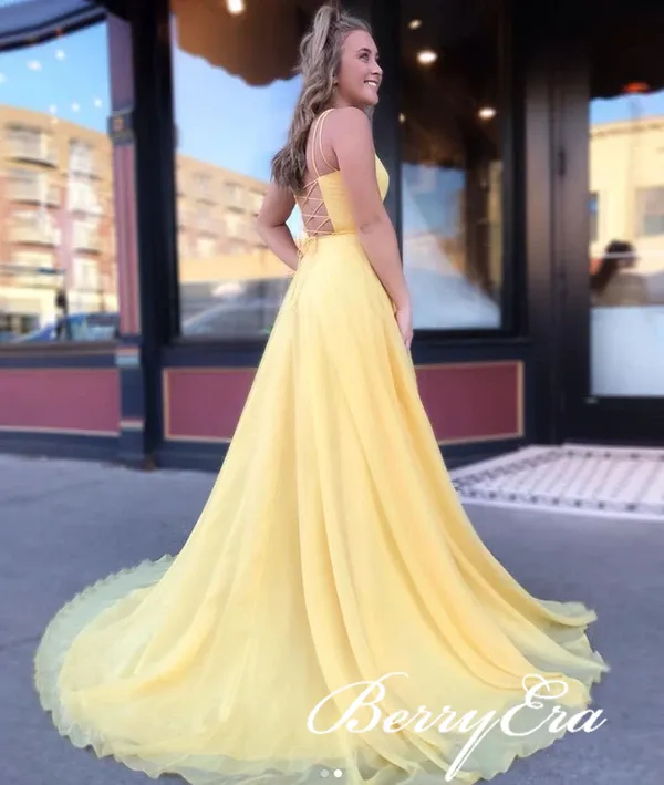Yellow Chiffon Long A-line Prom Dresses, Long Prom Dresses, Simple Cheap Prom Dresses